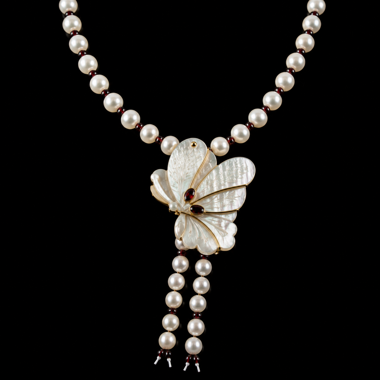 Necklace with pearls and a carved mother-of-pearl butterfly centerpiece